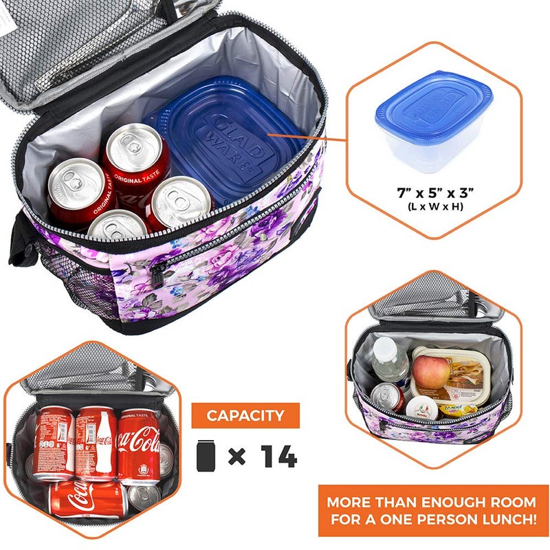 opux Insulated Lunch Box Men Women, Lunch Bag for Work School, Leakproof Soft Cooler Tote Adult, Large Lunch Pail Kids Boys Girls, Picnic Beach Food Bag with Shoulder Strap, Purple Floral - Image 4